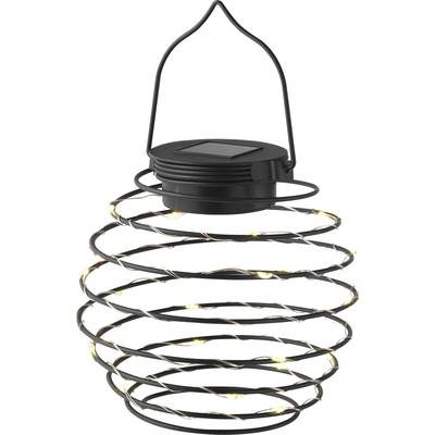 Black metal solar lantern with a spiral design and warm white LED lights for decorative outdoor lighting.