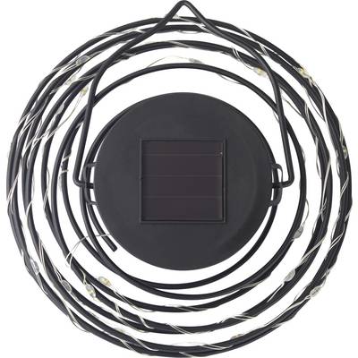 Black, round solar lamp with spiral-wrapped LED lights, providing decorative outdoor illumination.