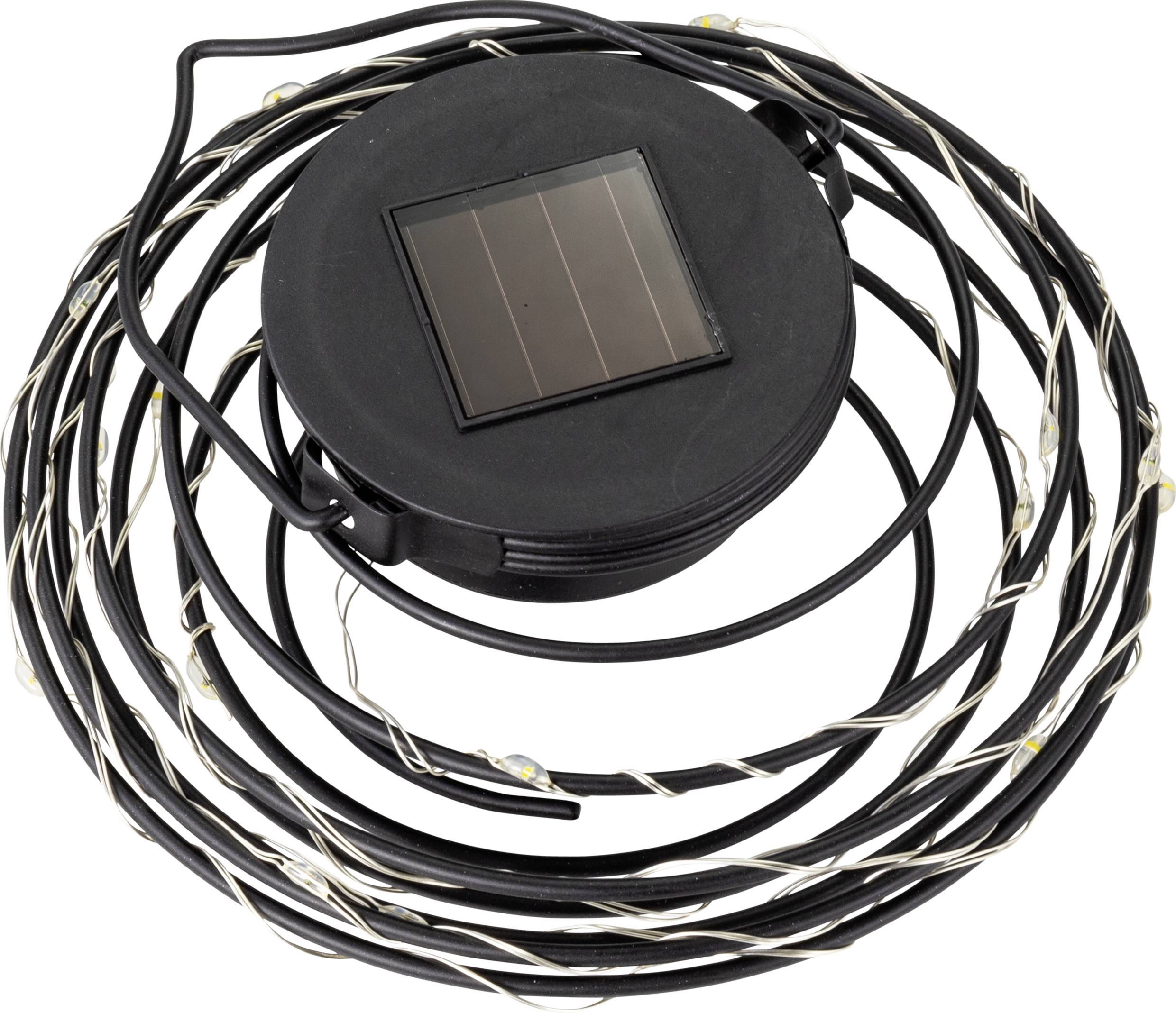 Solar-powered fairy lights with black cable, tightly coiled, with small solar module on the top.