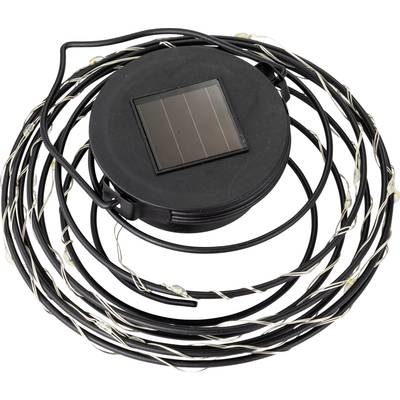 Solar-powered fairy lights with black cable, tightly coiled, with small solar module on the top.