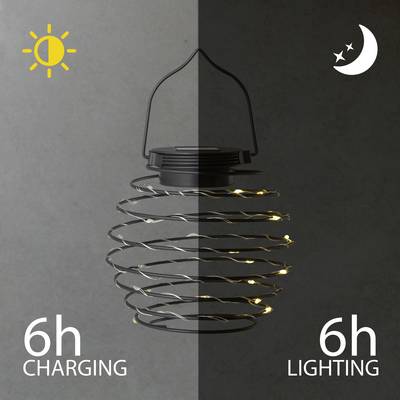 Metal lantern with spiral-shaped wire. Left: Sun and '6h Charging'. Right: Moon with star and '6h Lighting'.