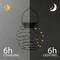 Metal lantern with spiral-shaped wire. Left: Sun and '6h Charging'. Right: Moon with star and '6h Lighting'.