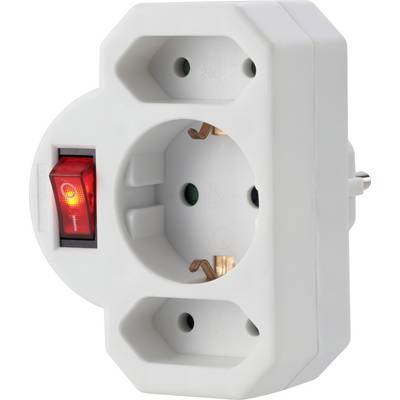 A white socket adapter with three plug sockets and a red on/off switch. Suitable for extending electrical socket capacity.
