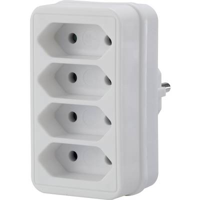 A white, rectangular plug adapter with four sockets stacked vertically; suitable for Schuko power outlets.