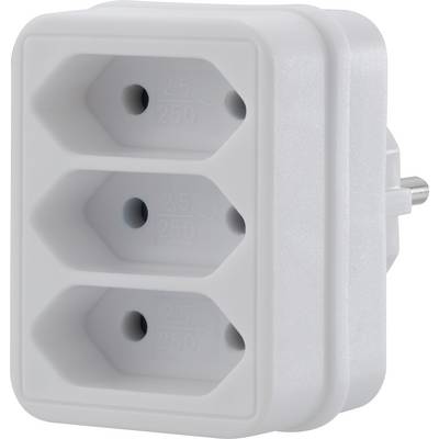 White power strip with three vertical sockets, suitable for plugs up to 250V.
