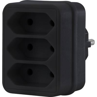 A black electric adapter with three plug sockets that can be connected to a wall socket.