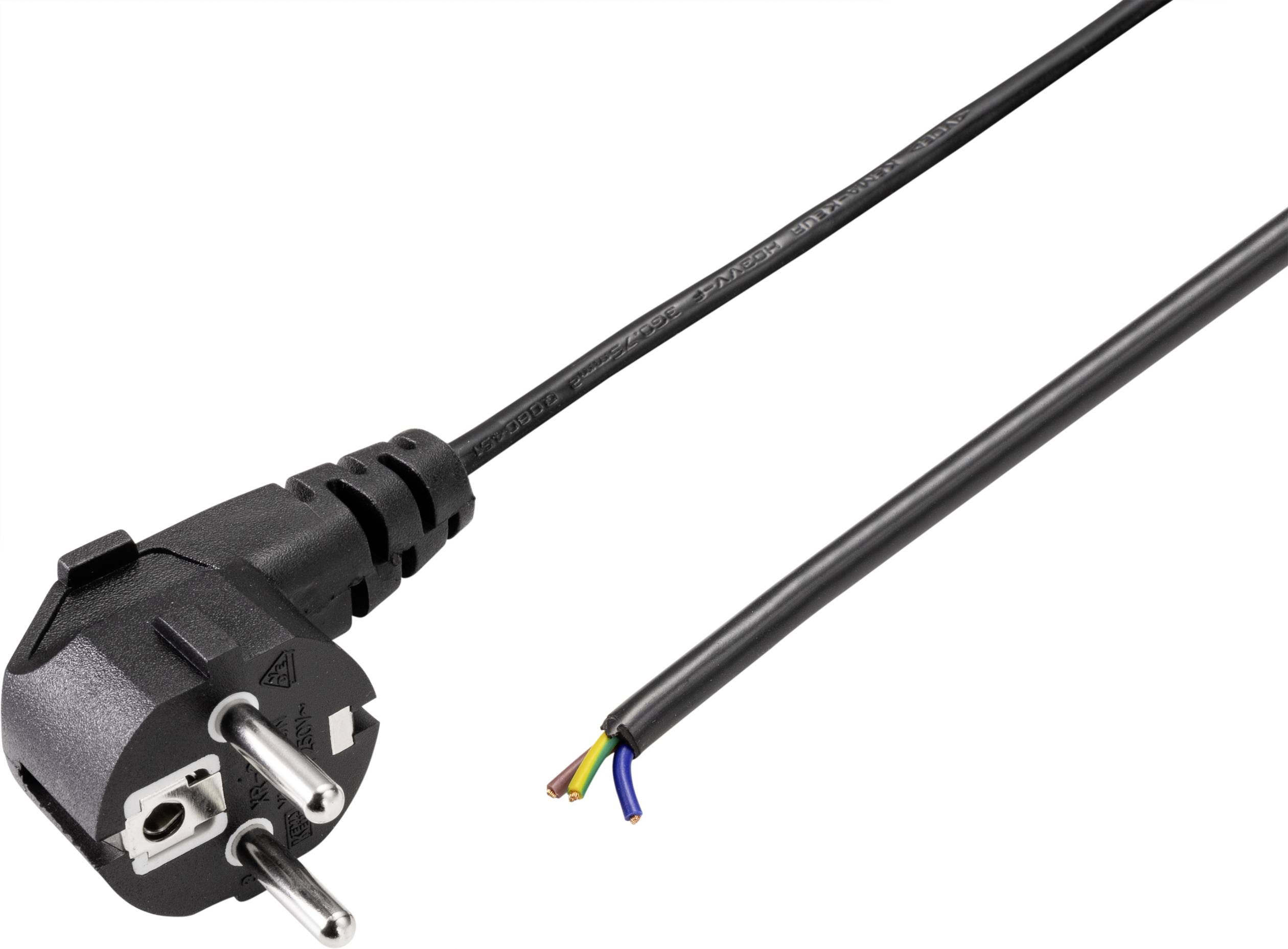 Black power plug and free cable end with coloured wires.