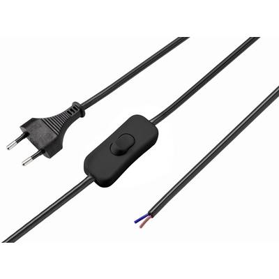 Black electrical cable with European plug, integrated rocker switch, and stripped ends, ready for installation or connection.