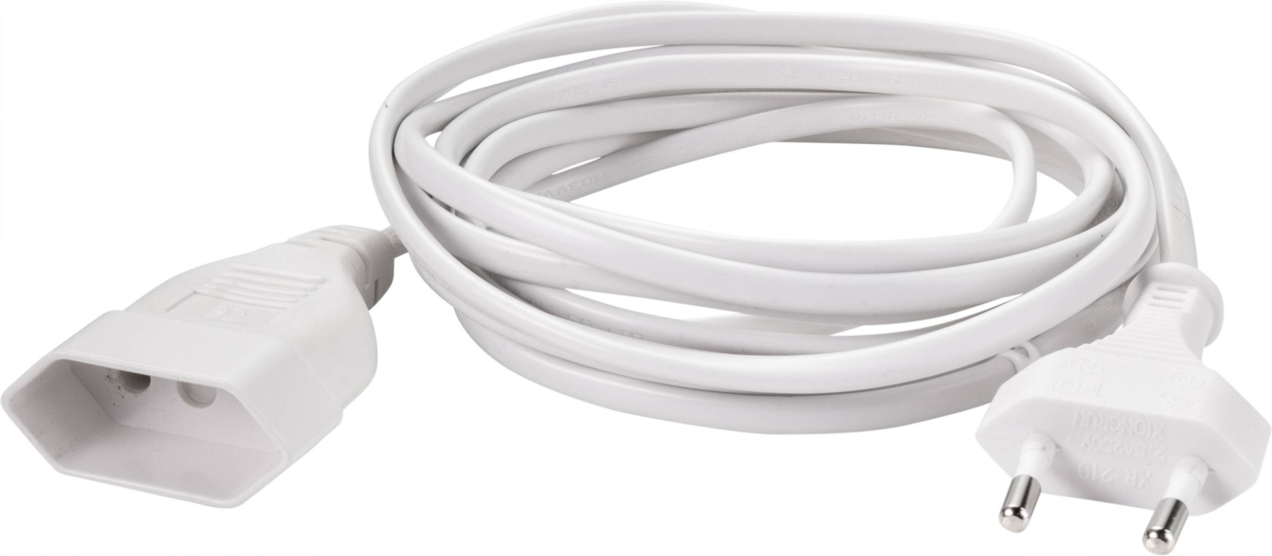 White extension cable with a Schuko plug and socket, coiled on a white background.