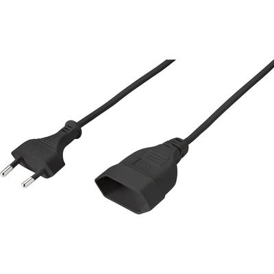 Black network cable with Euro plug and IEC C13 socket, commonly used for computers and monitors, on a white background.