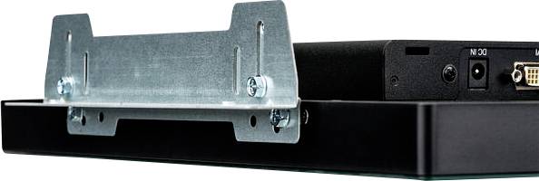 'Metal mounting bracket with screws and electronic device. Device has connections for power supply and VGA.'