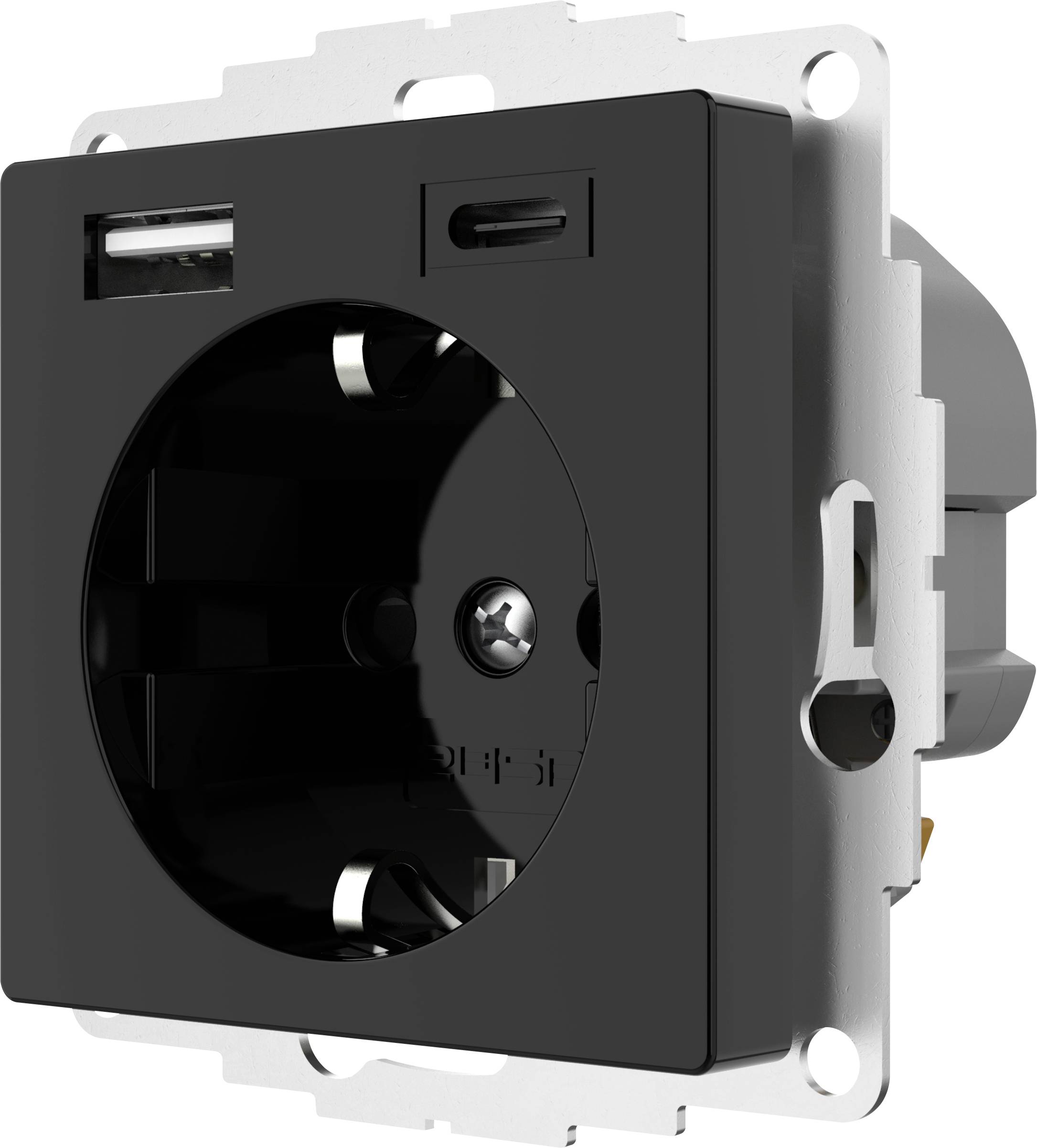 Black socket with USB-A and USB-C ports, mountable in wall enclosure.