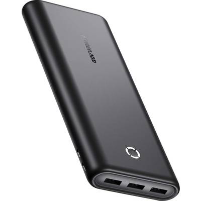Black power bank with three USB ports and a circular symbol. Suitable for charging multiple devices simultaneously.