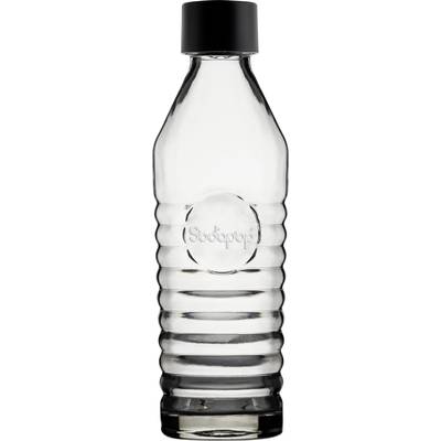 Clear bottle with ribbed pattern, black cap, brand 'SodaPop', symbol for soft drinks or mineral water.
