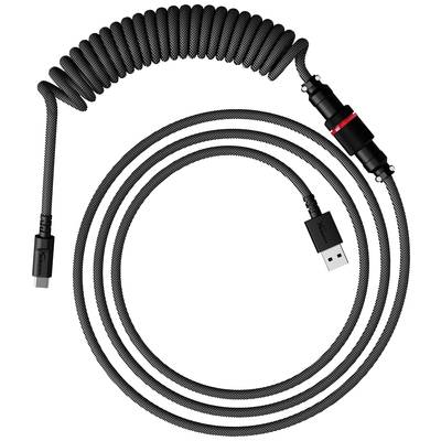 Spiral USB cable in black with red-marked plug, suitable for device connections with USB port, featuring enhanced flexibility.