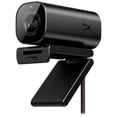 Black webcam with angled stand and HyperX logo; suitable for computers or laptops for video transmission.