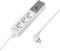 A white multi-socket extension lead with three plug sockets and a digital display showing energy consumption.