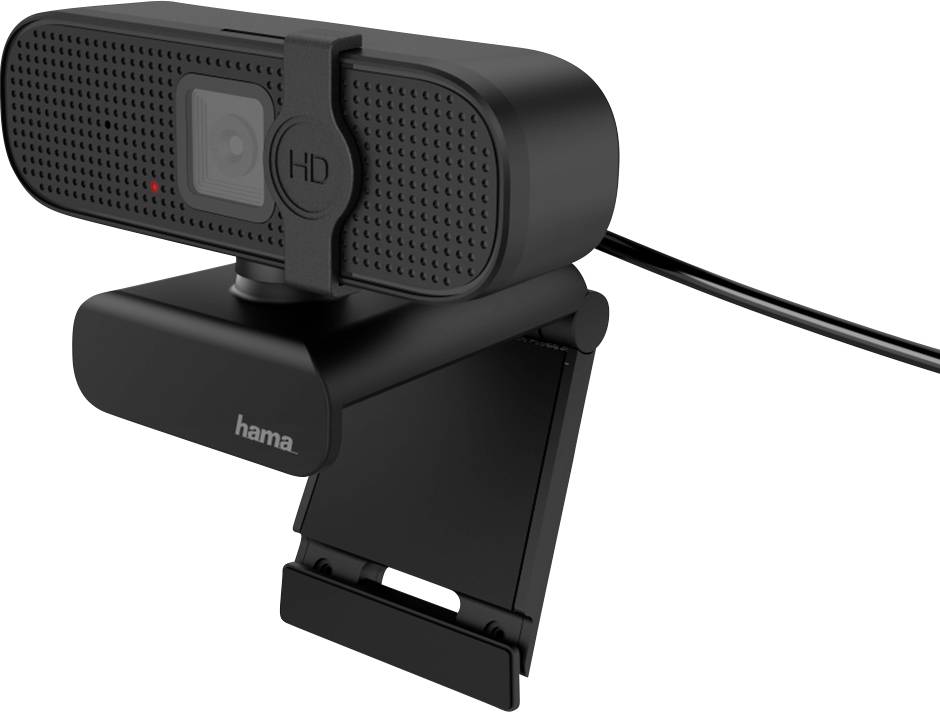 Black HD webcam with built-in microphone, mounted on a flexible clip, suitable for video calls and streaming.