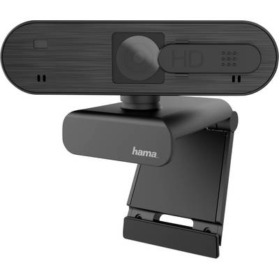 A black webcam with built-in microphone and privacy slider.