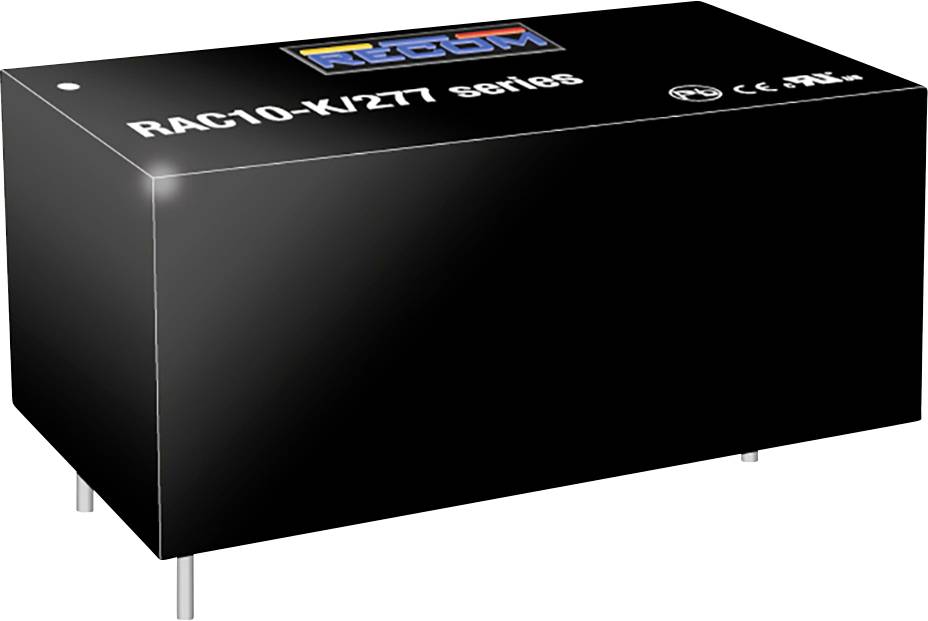 Black, rectangular electronic module with the inscription 'RAC10-K/277'. It has small metal pins for plugging in.