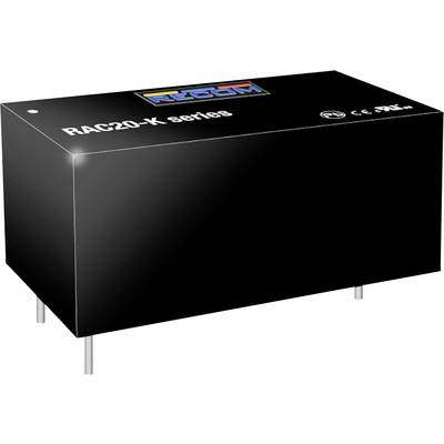 A black electronic component, marked with 'RAC20-K series'. It has four connection pins and is marked with CE and UL symbols.