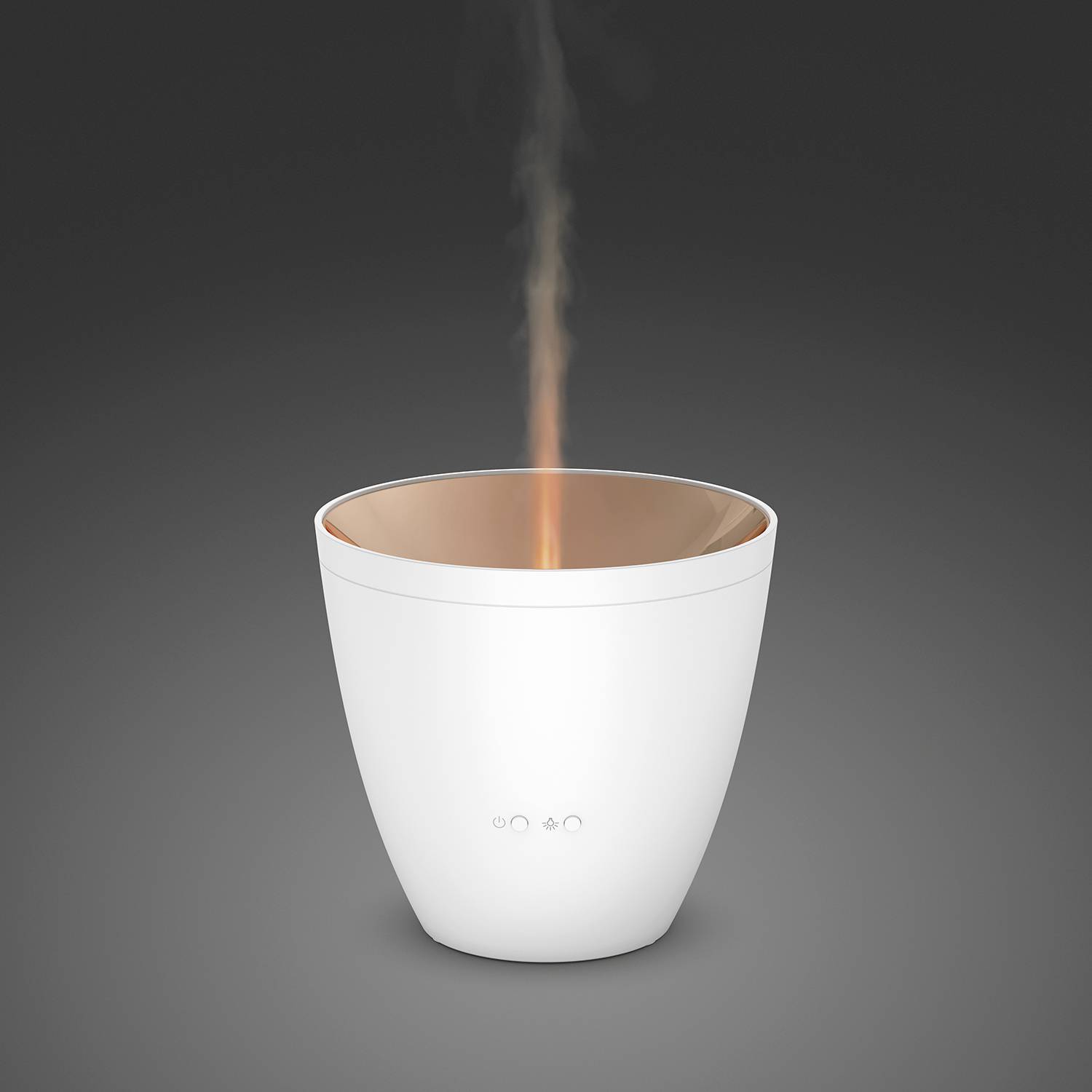 A white aroma diffuser with emerging vapour, standing against a grey background.