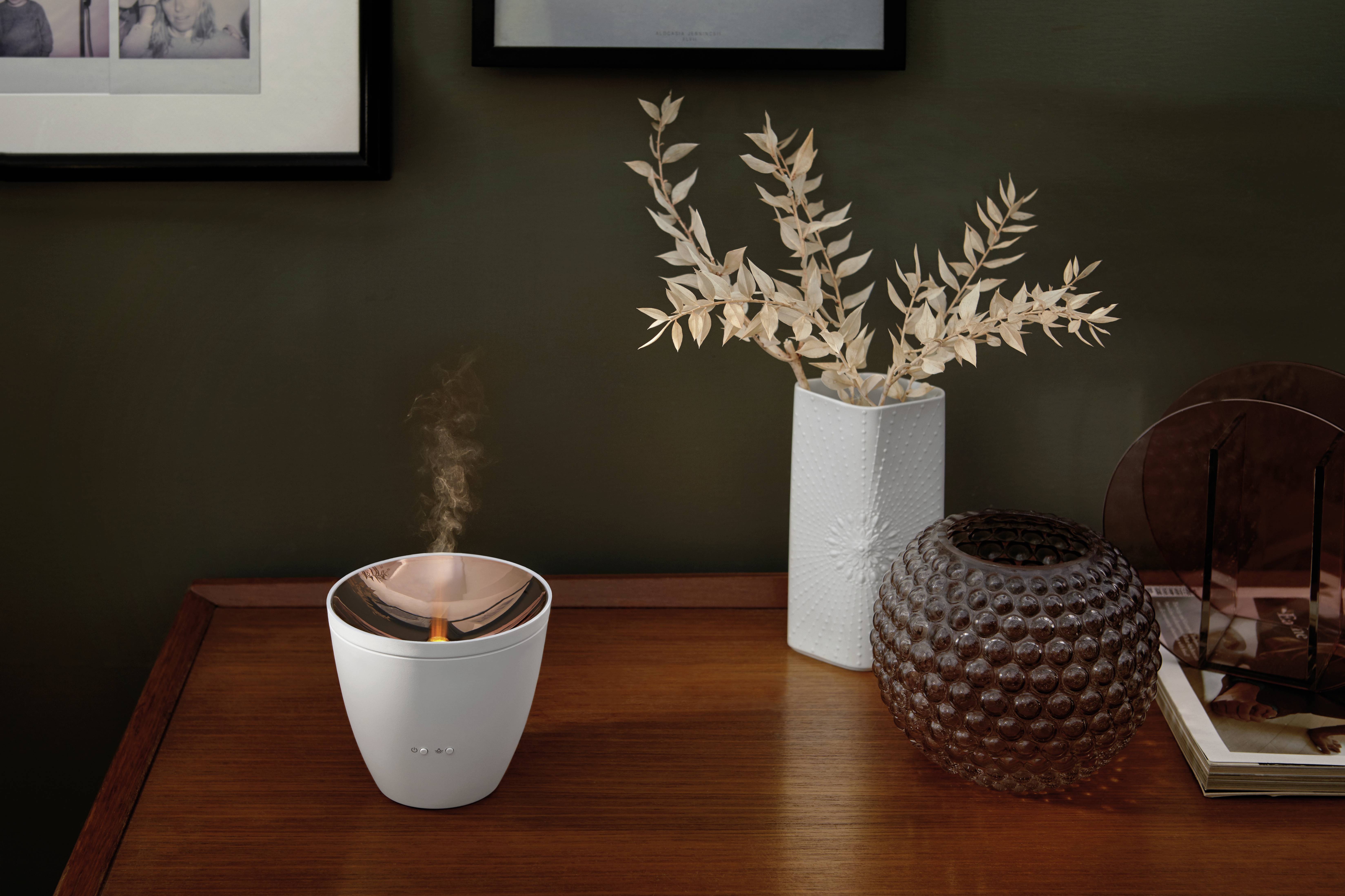 A white diffuser on a wooden table, next to a white and a brown vase with dried branches, in a stylish room.