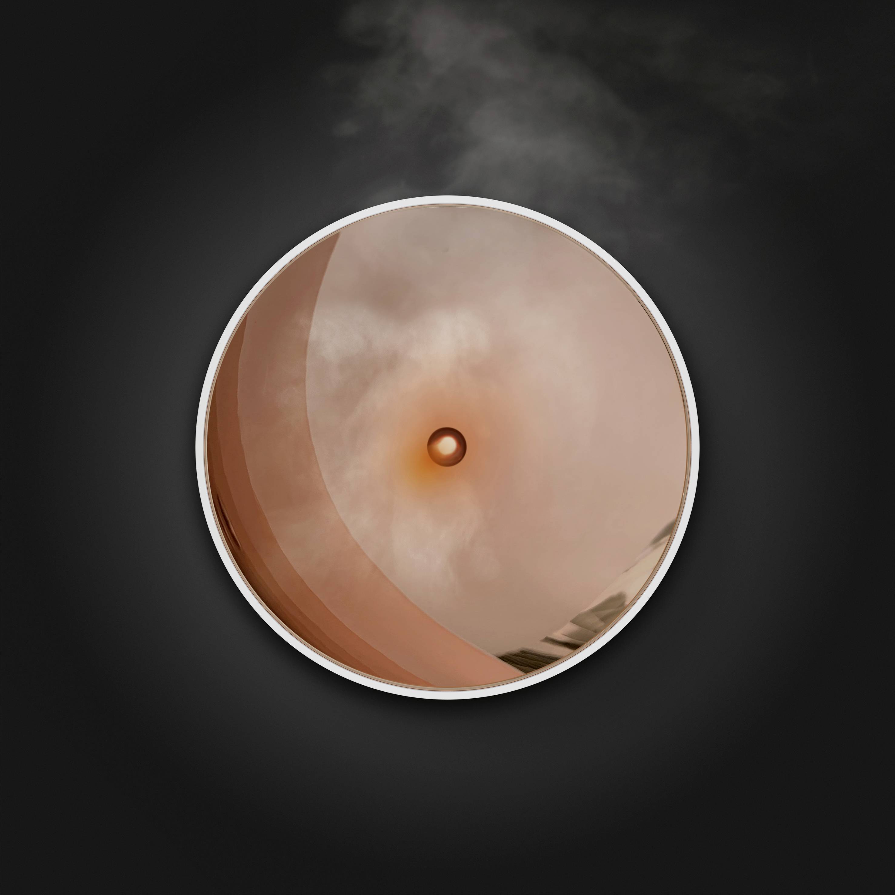 A modern smoke detector in close-up, showing the round casing and central sensor against a dark background.