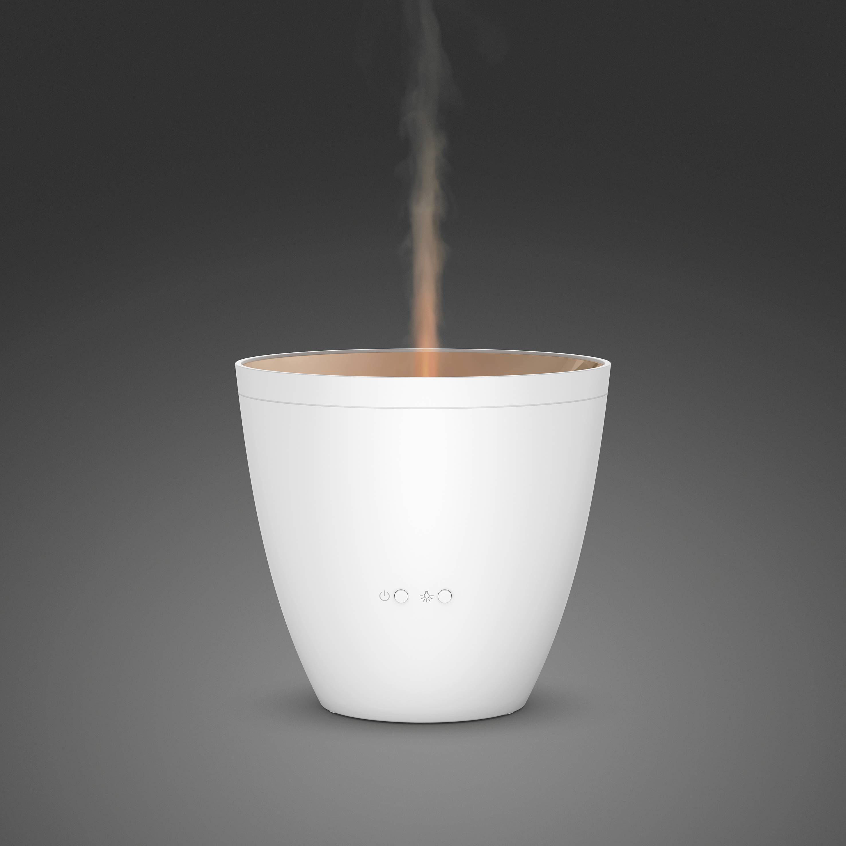 A white air humidifier gently emits steam. The device is positioned against a dark background and features a minimalist design.
