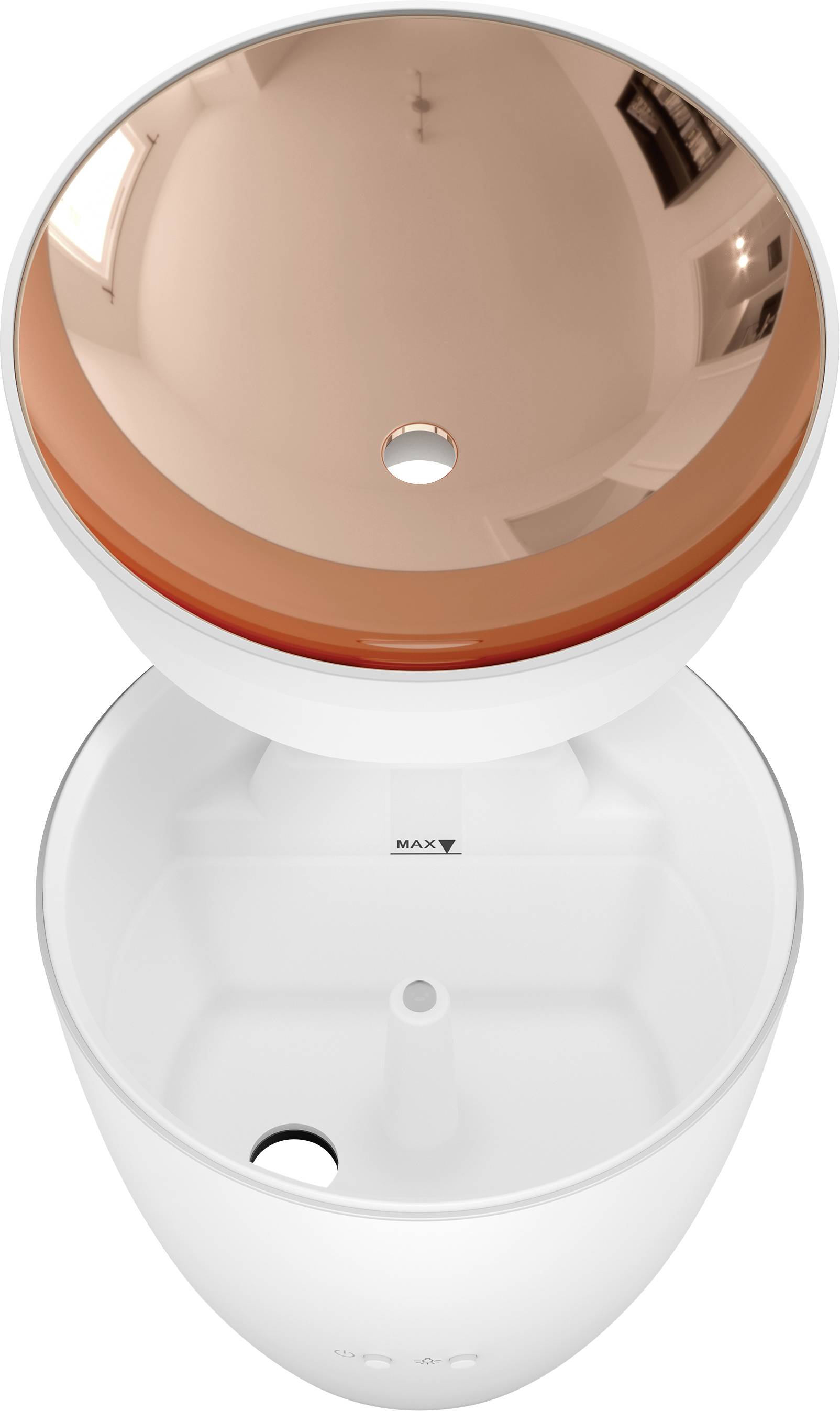 A white air humidifier with an open water tank and a copper-coloured cover.
