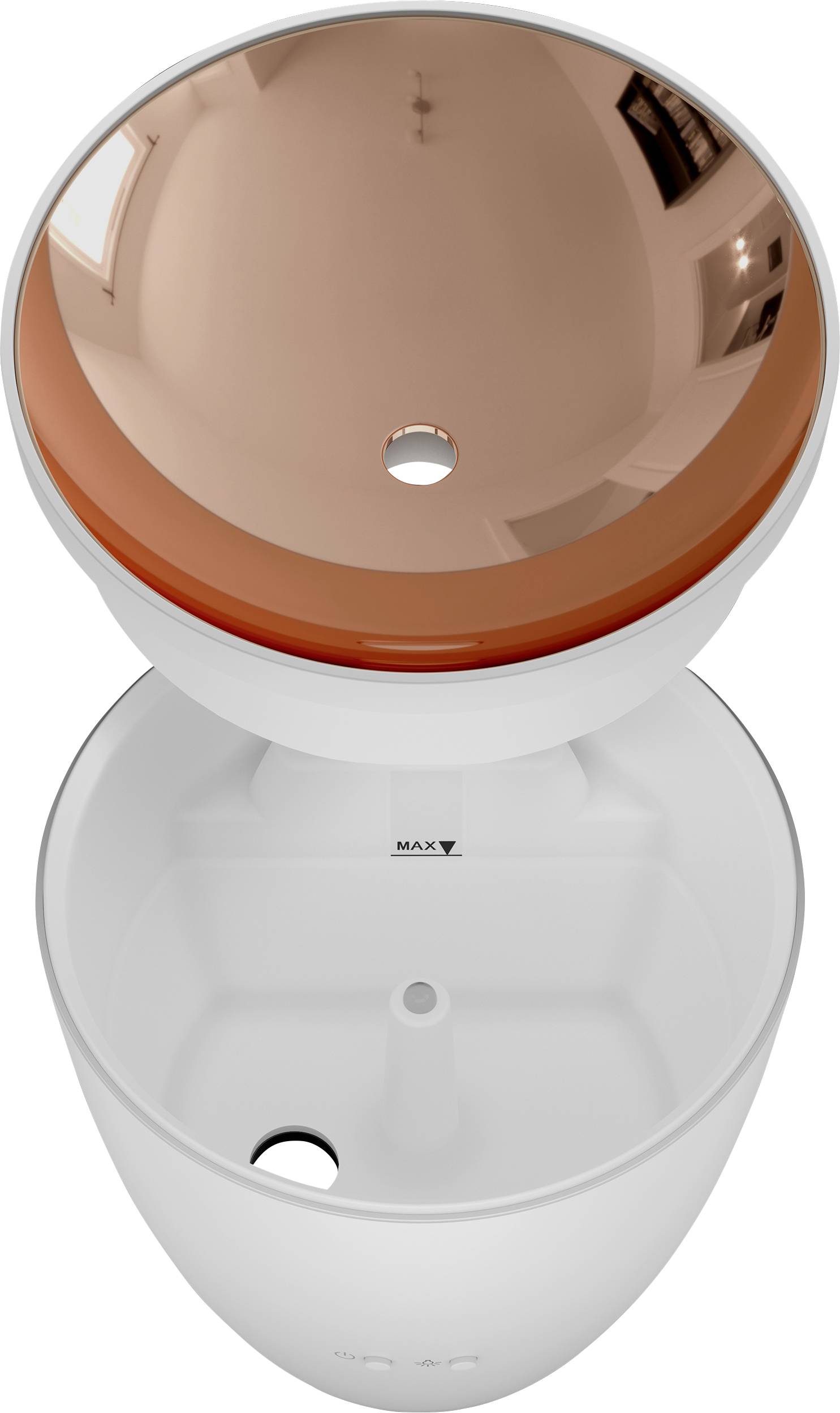 White, round fragrance lamp with copper-coloured inner surface and water level marking. Upper part removable for filling.