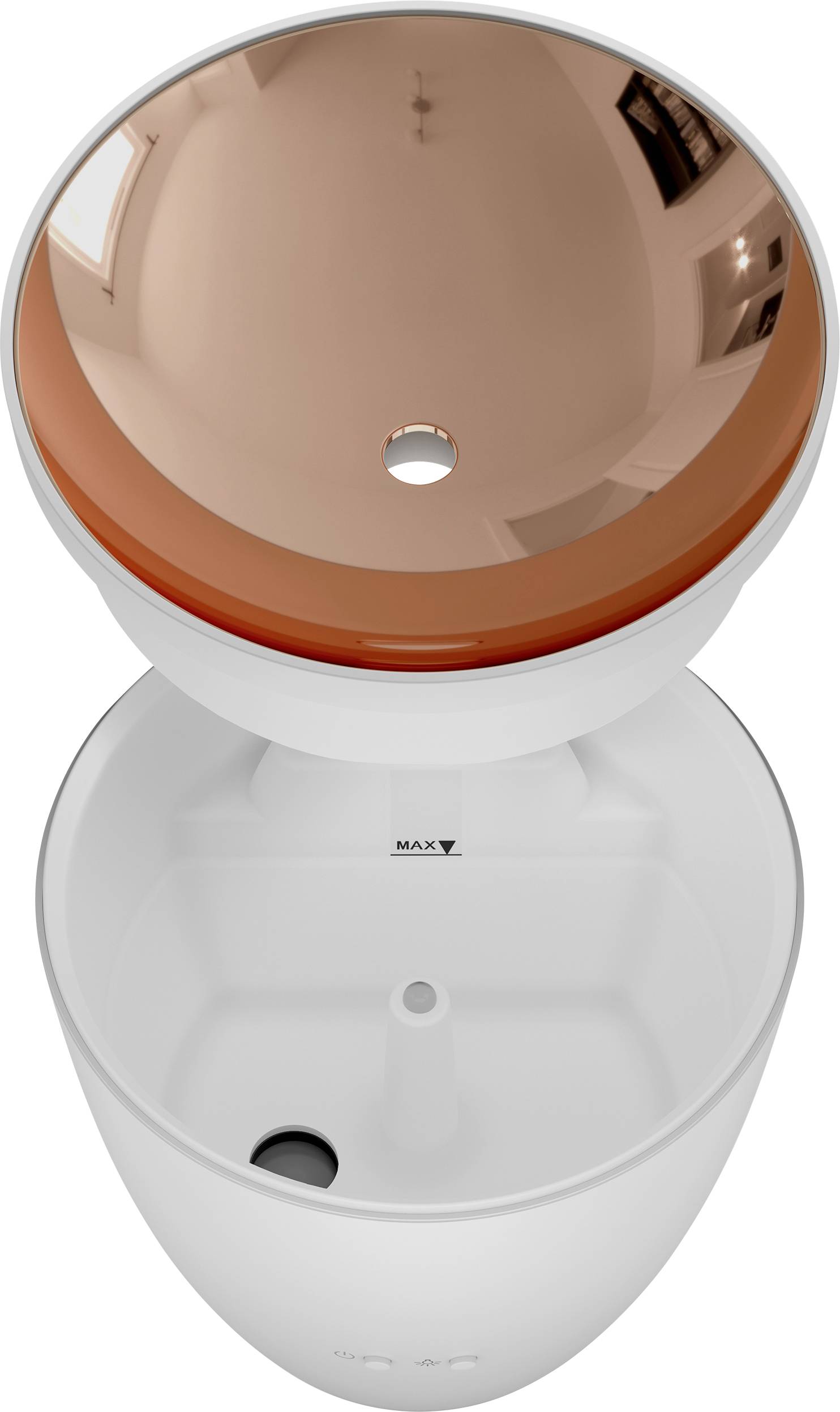 A white, circular humidifier with a copper-coloured, removable cover. The water level is marked with 'MAX'.