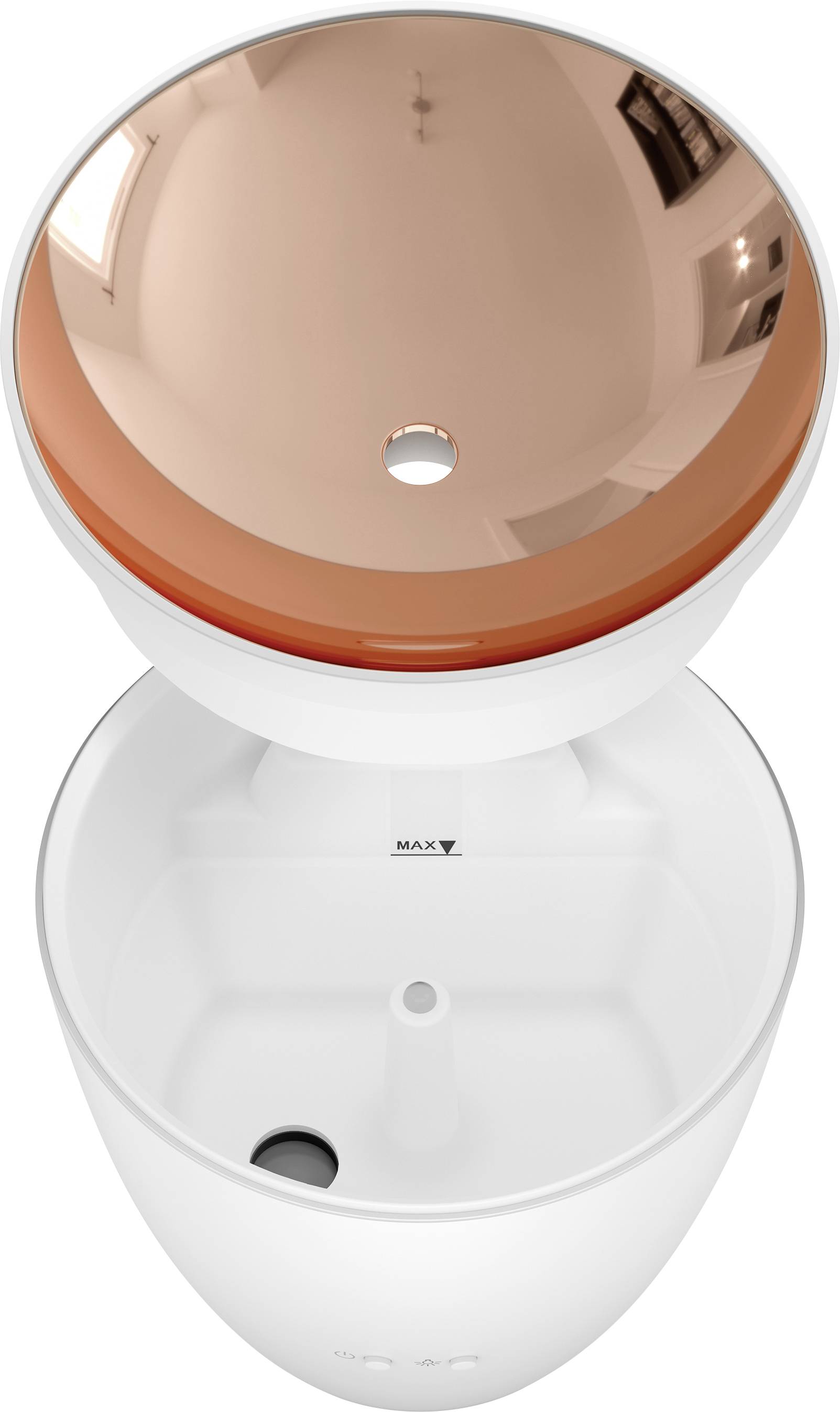 A white air humidifier with a removable head featuring a copper-coloured lid. It has a maximum water level indicator.