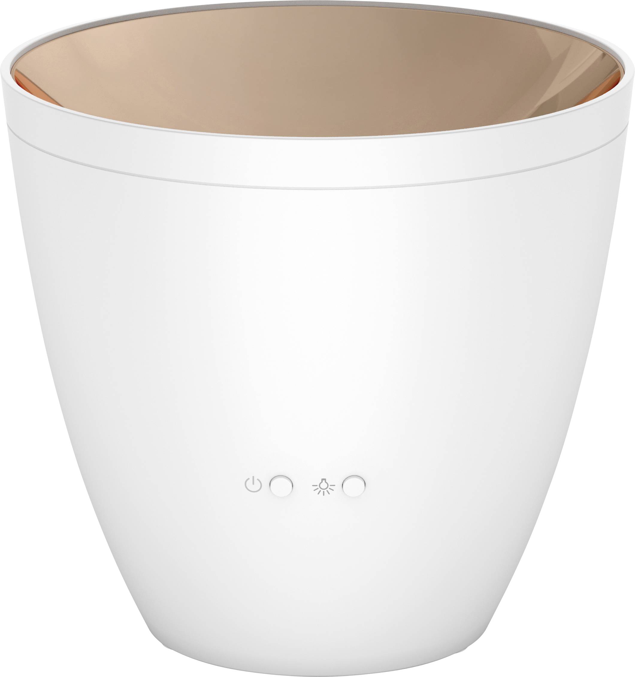 A white, modern-designed plant pot with three buttons on the front for control functions. The pot has a copper-coloured interior.