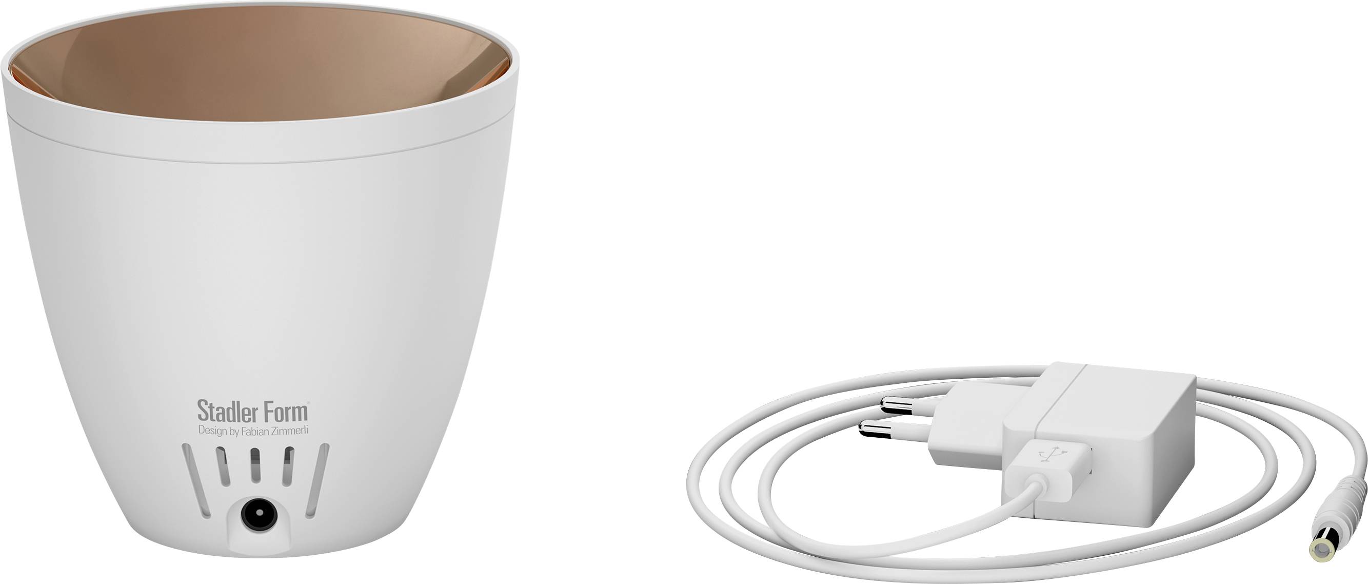 A white Stadler Form air humidifier with an electric cable, suitable for improving indoor air quality.