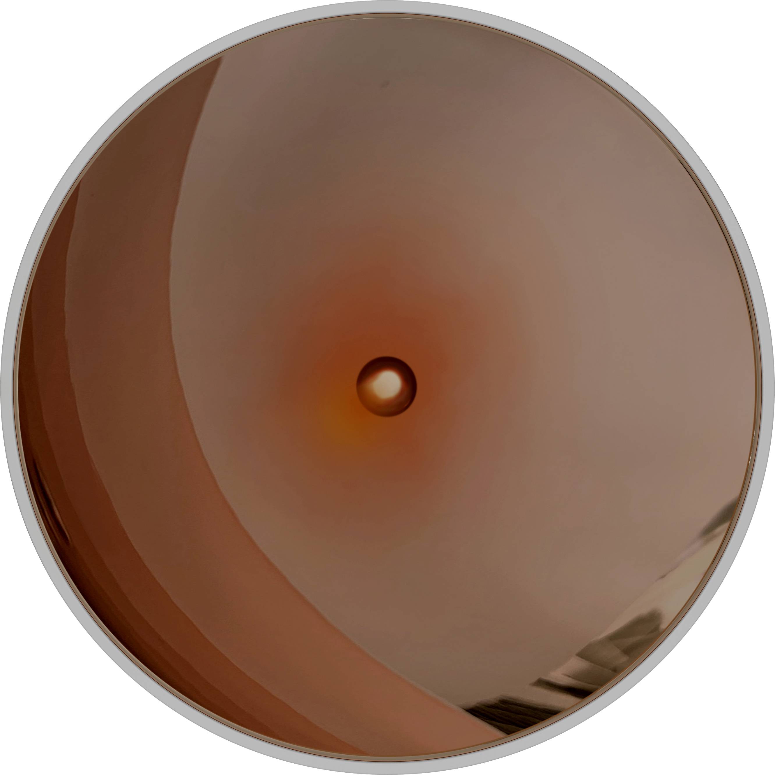 A simple, metallic red circular form in the centre of a porthole-like design, which has a smooth, reflective effect.