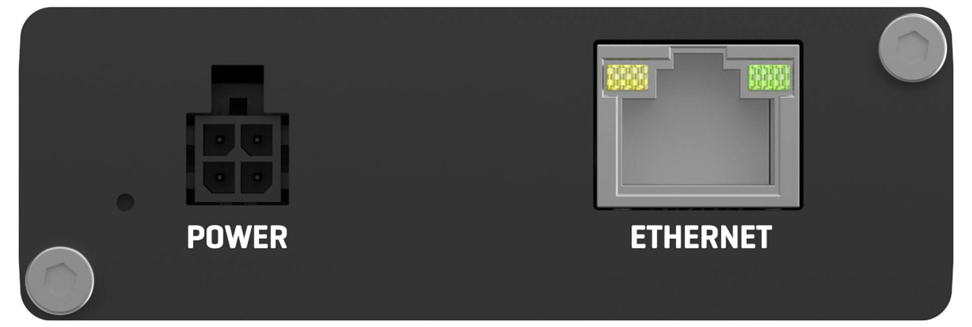 Back panel of a device showing POWER and ETHERNET ports, with labels beneath each connector.