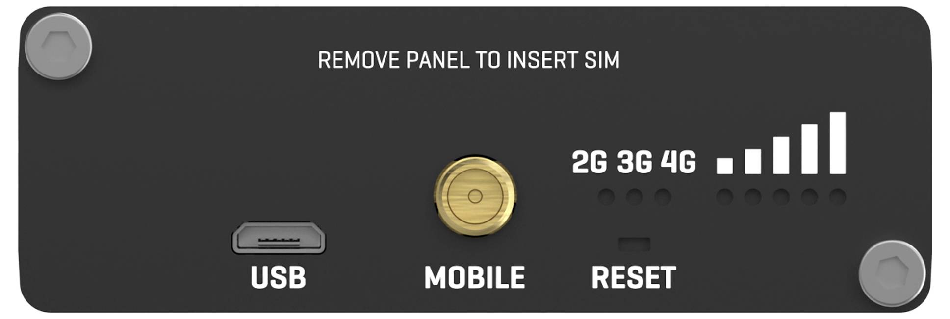 Instruction panel showing where to access device features: 'REMOVE PANEL TO INSERT SIM', USB port, mobile button, reset button, and 2G/3G/4G signal indicators.