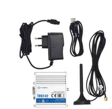 The image shows a mobile phone router with cables, an aerial, and a power supply unit. Model number 'TRB142' is visible on the device.
