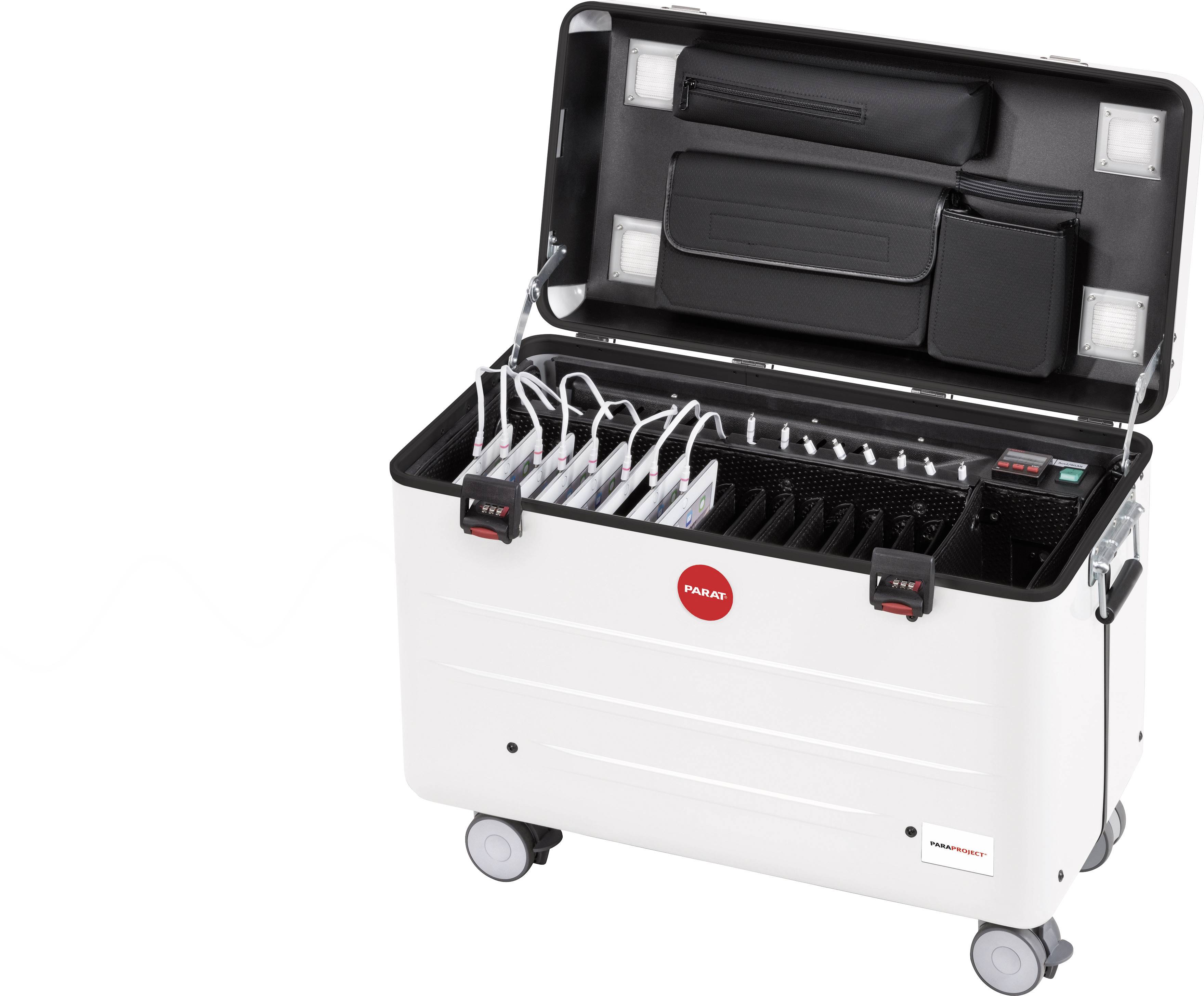 Open mobile device charging case with multiple connected tablets.