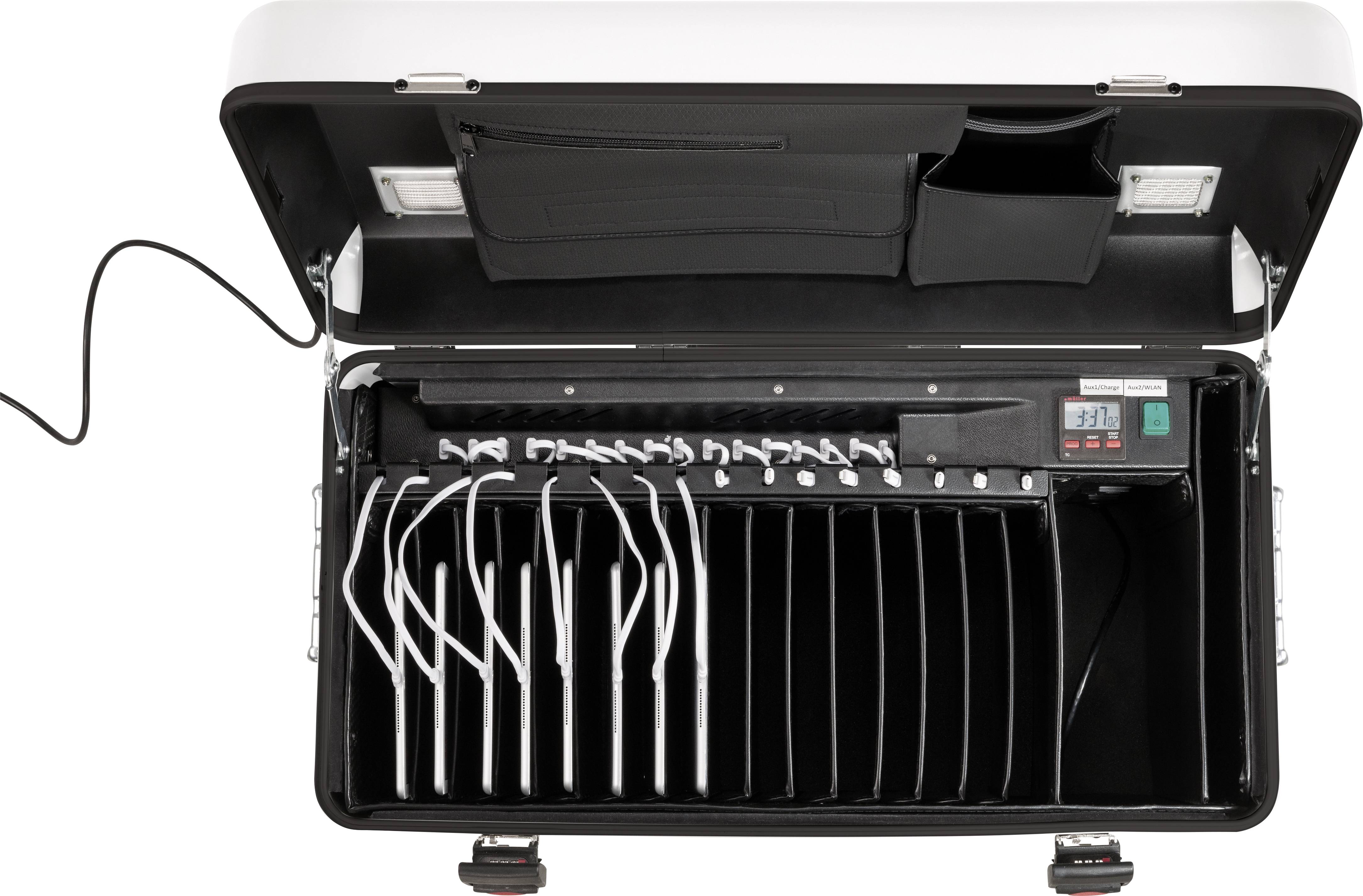 Tablet charging case with open compartments for 10 tablets, integrated network cables and a digital ammeter. Ideal for secure storage and simultaneous charging.