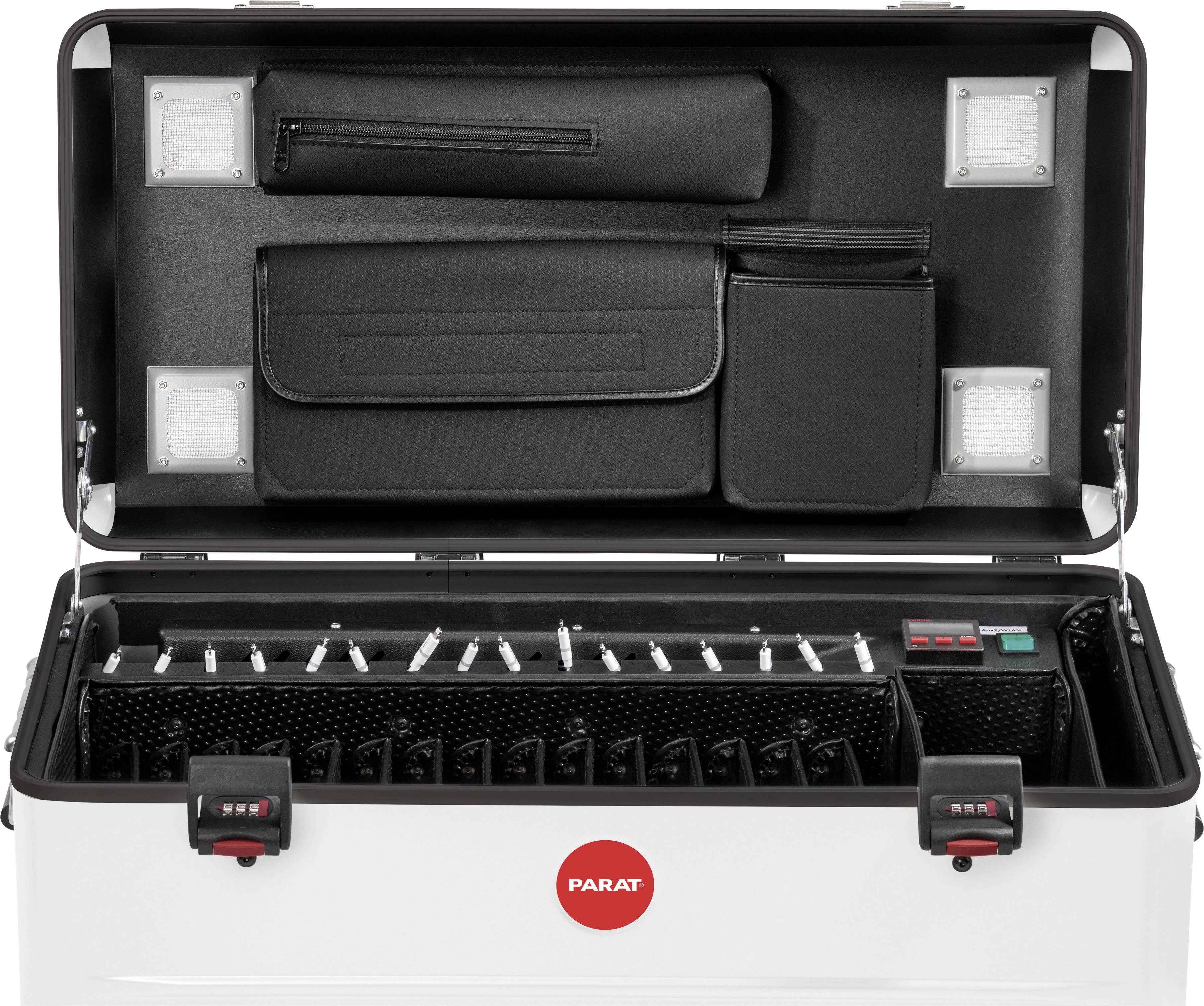 An open tool case with multiple compartments and pockets, some with leather covers. The case bears the 'PARAT' logo.