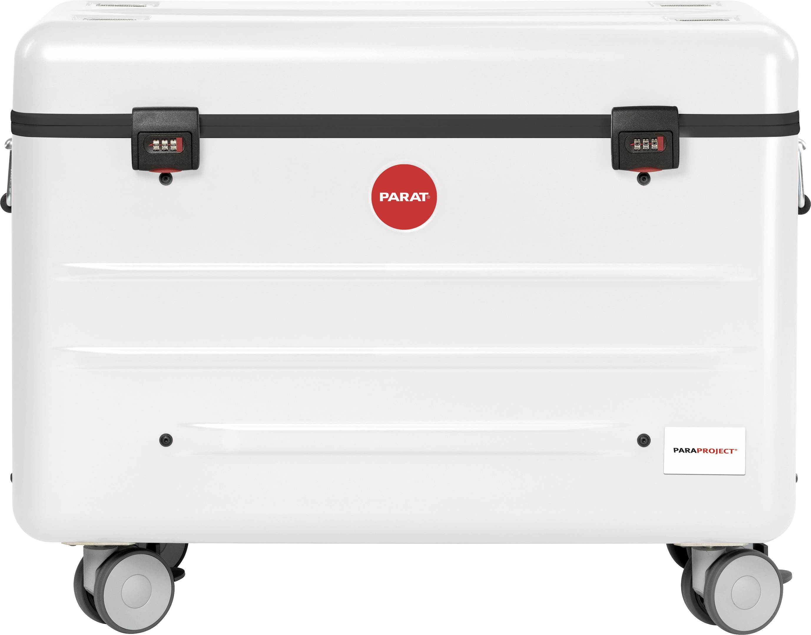 Mobile, white suitcase on wheels, secured with two combination locks, brand name 'PARAT' on a red circle in the centre.