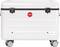 Mobile, white suitcase on wheels, secured with two combination locks, brand name 'PARAT' on a red circle in the centre.