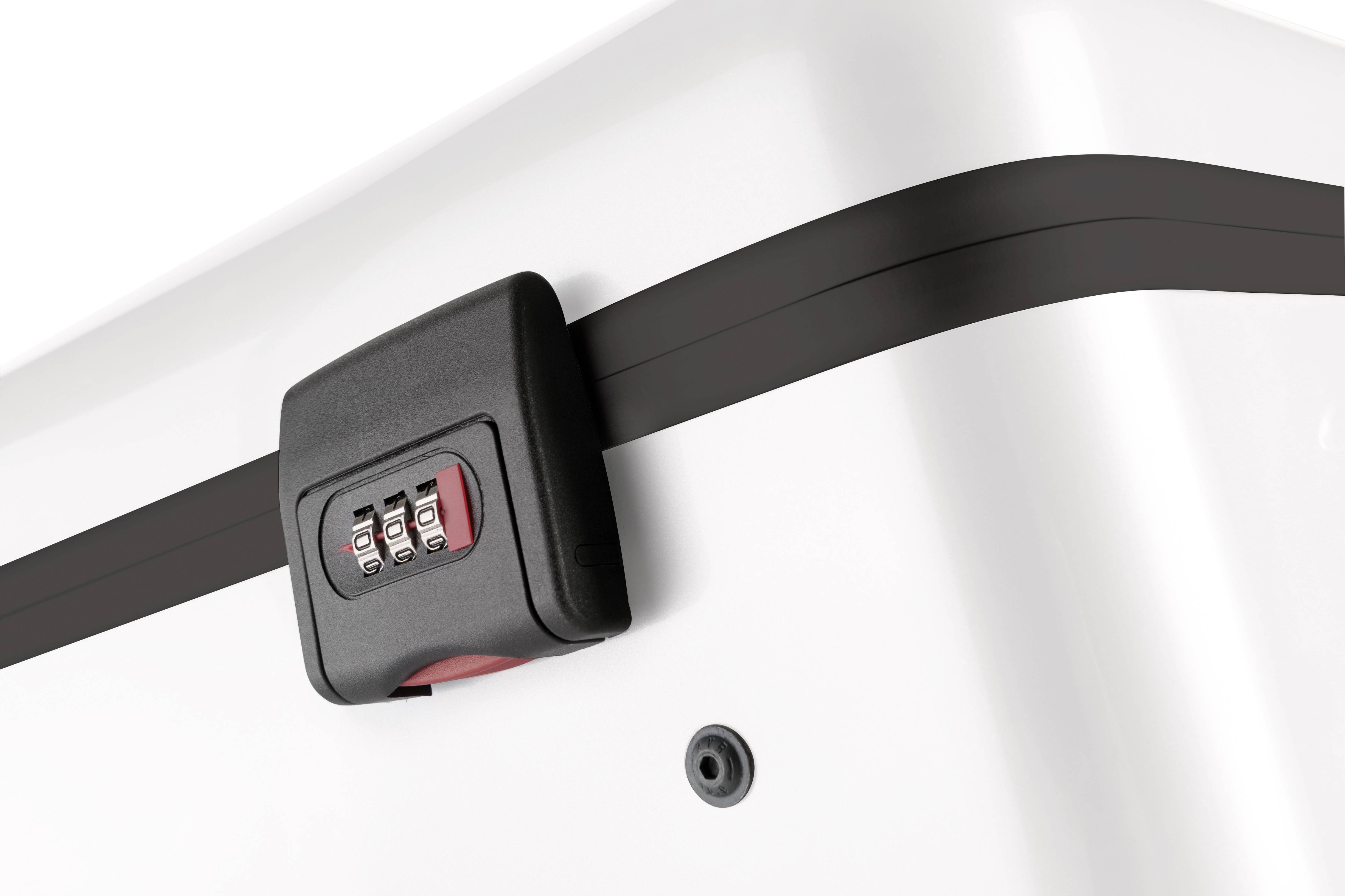 A white suitcase with a black combination lock set to '4-0-7'.