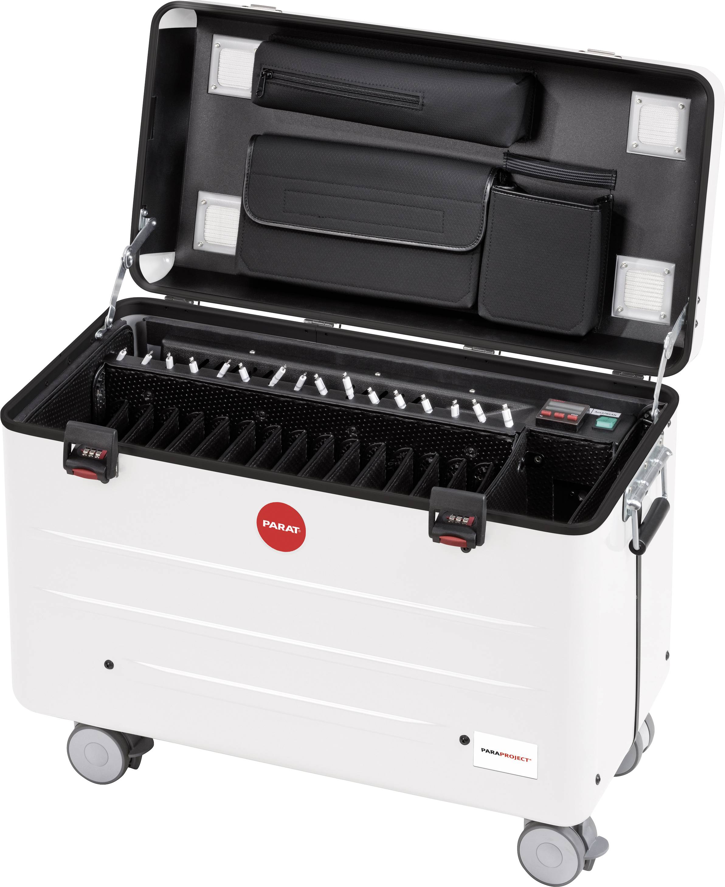 A rolling suitcase with an open lid, revealing compartments for storing and charging electronic devices.