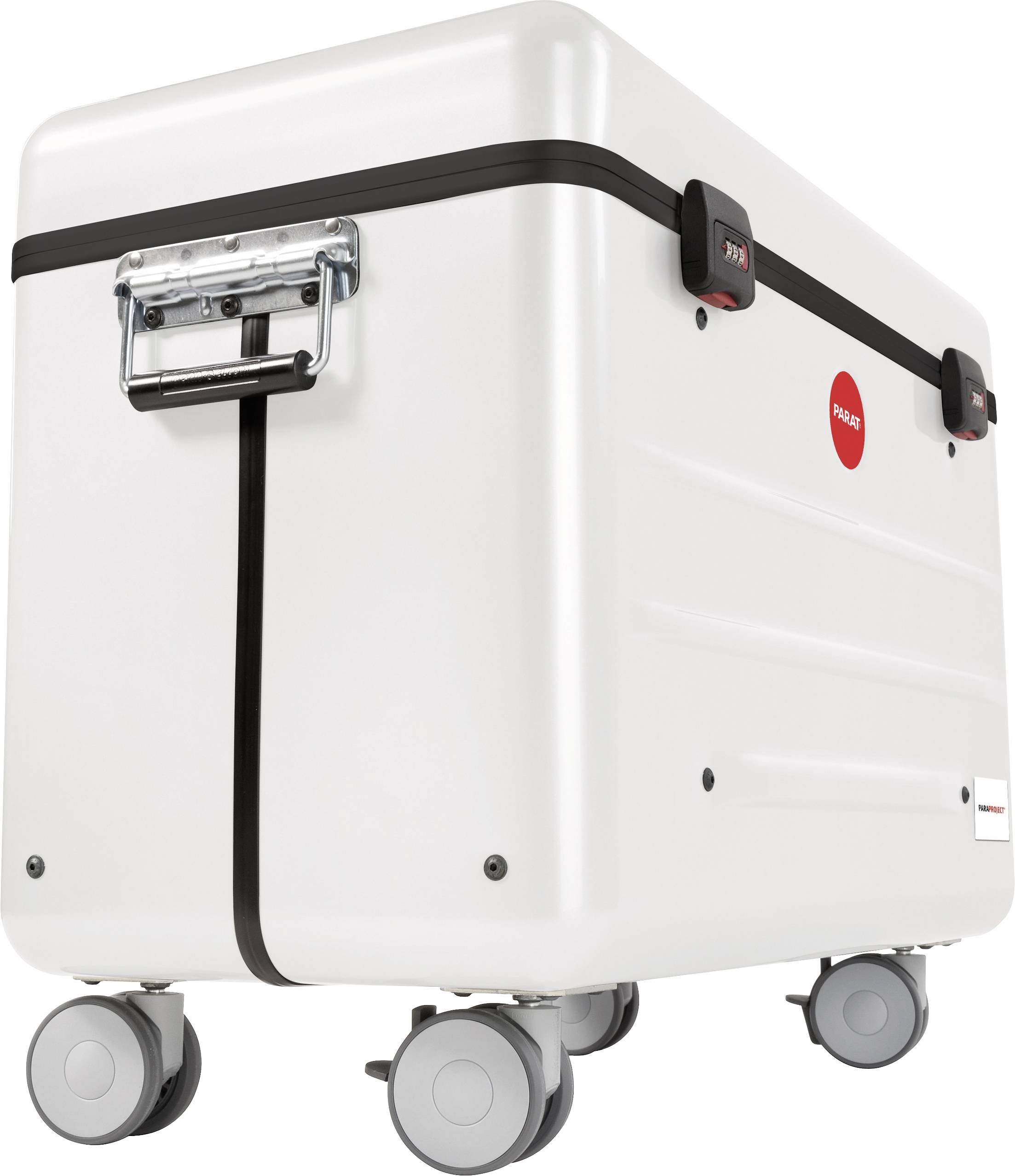 A white, portable cool box on wheels with a black handle and red closures, appearing sturdy and mobile.