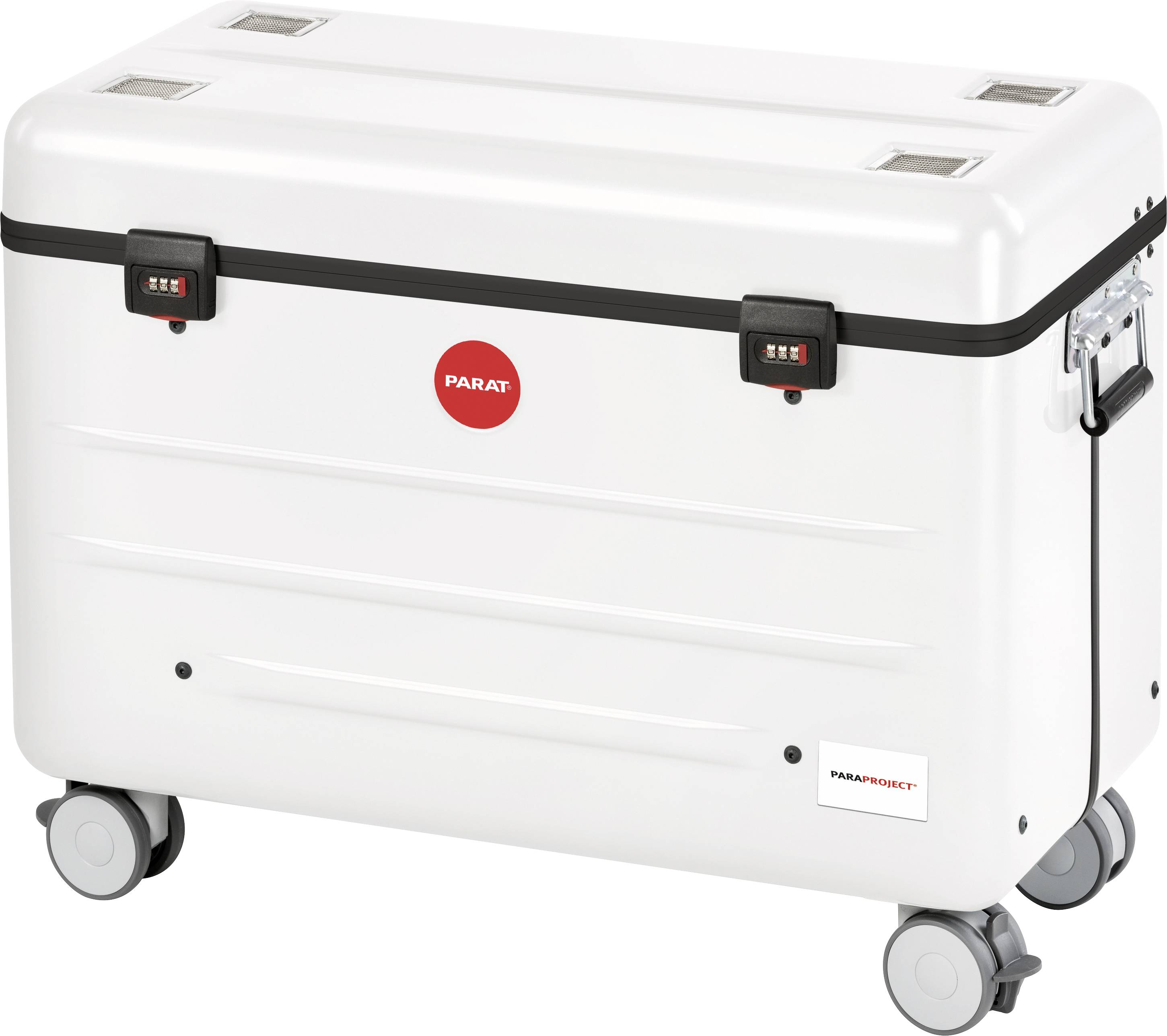 Large white mobile suitcase with wheels and handle, suitable for equipment transportation. Features security locks and logo.