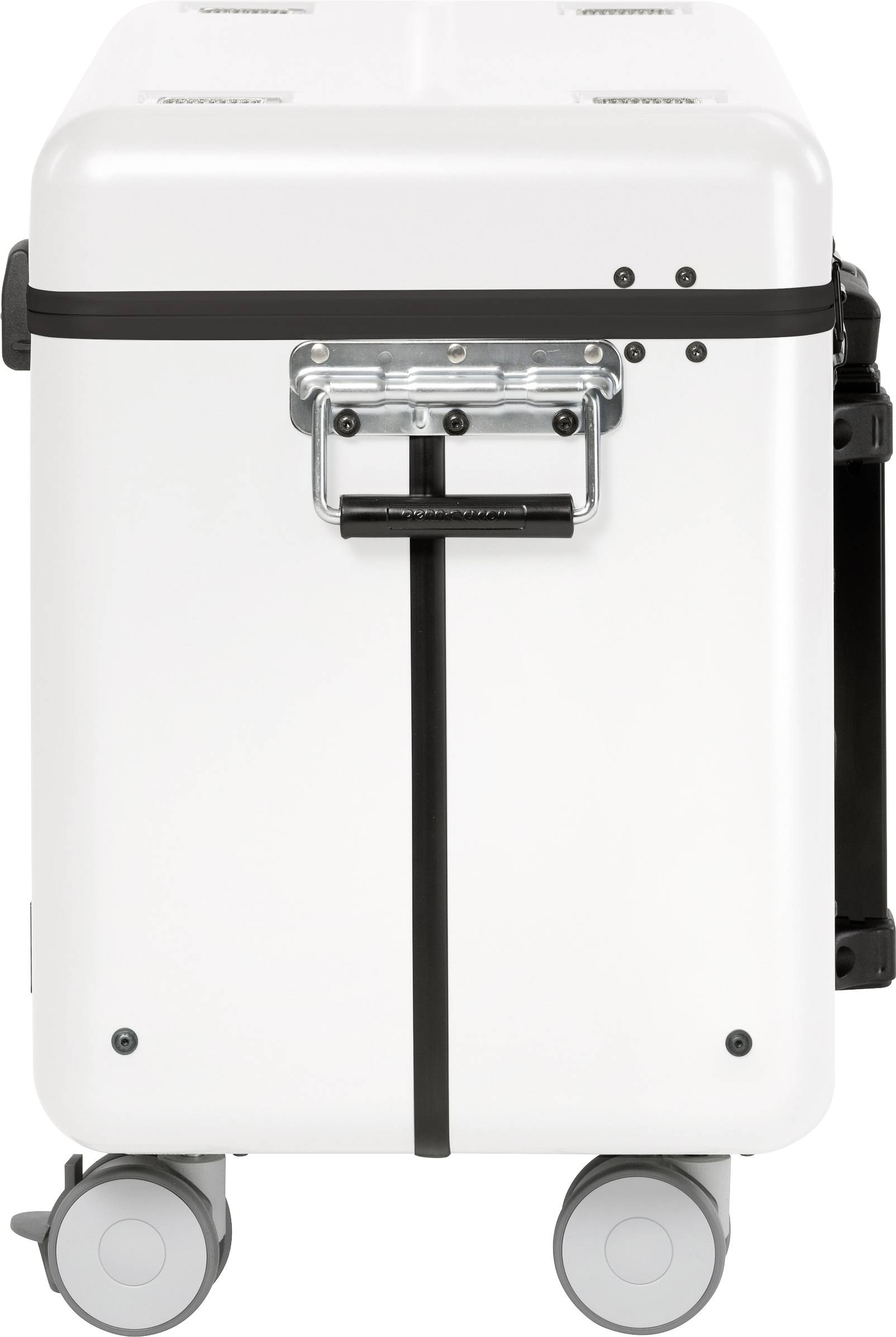 White rolling suitcase with black handle and wheels, ideal for travelling or storage.