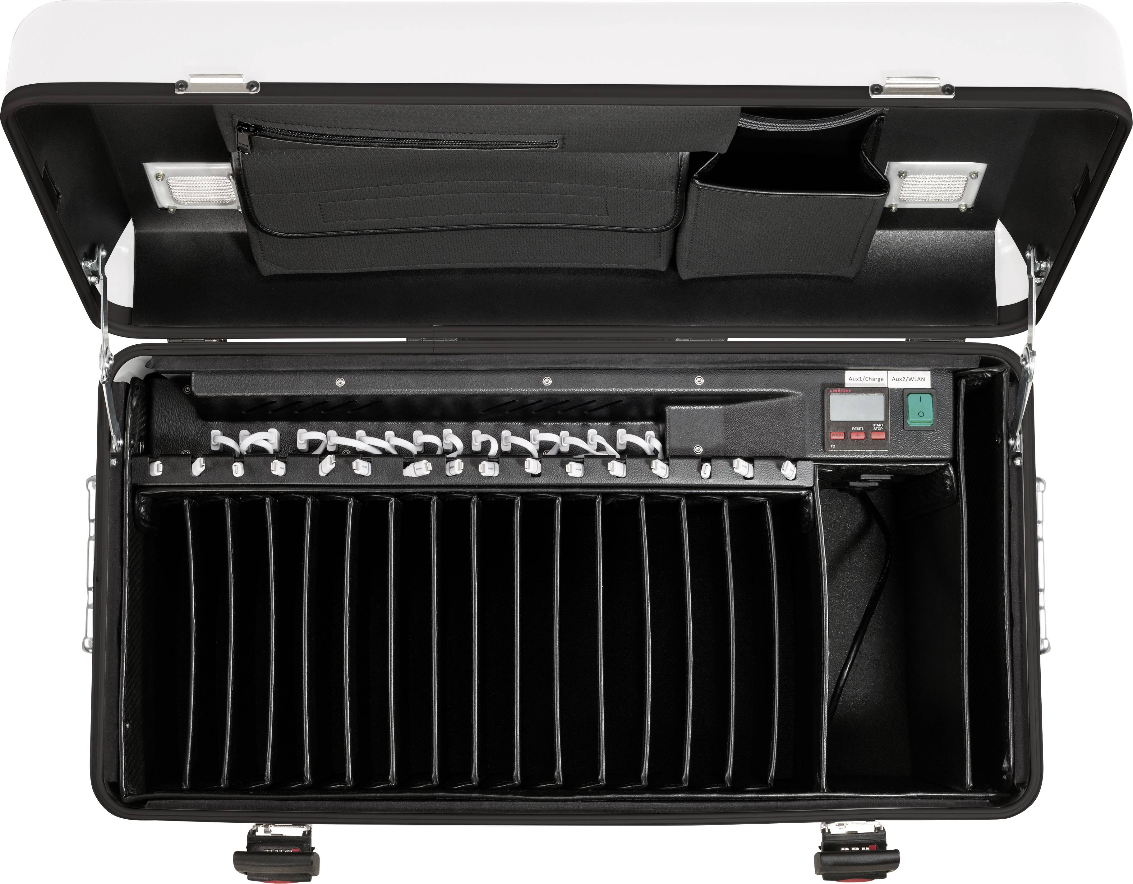 An open suitcase with compartments for storage and a charging station for multiple mobile devices. Interior view reveals slots and cables.